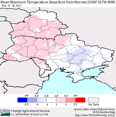 Ukraine, Moldova and Belarus Mean Maximum Temperature Departure from Normal (USAF 557th WW) Thematic Map For 5/22/2023 - 5/28/2023