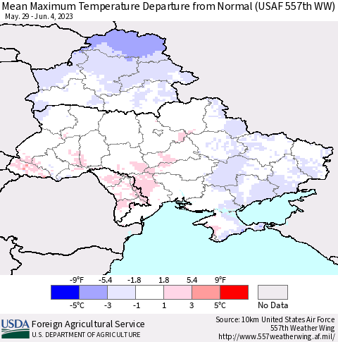 Ukraine, Moldova and Belarus Mean Maximum Temperature Departure from Normal (USAF 557th WW) Thematic Map For 5/29/2023 - 6/4/2023