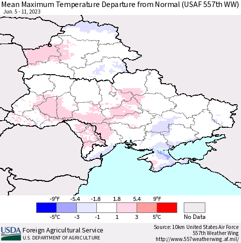 Ukraine, Moldova and Belarus Mean Maximum Temperature Departure from Normal (USAF 557th WW) Thematic Map For 6/5/2023 - 6/11/2023