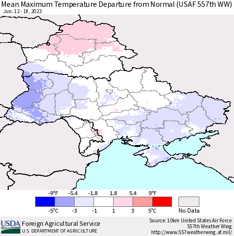 Ukraine, Moldova and Belarus Mean Maximum Temperature Departure from Normal (USAF 557th WW) Thematic Map For 6/12/2023 - 6/18/2023