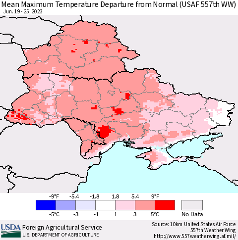 Ukraine, Moldova and Belarus Mean Maximum Temperature Departure from Normal (USAF 557th WW) Thematic Map For 6/19/2023 - 6/25/2023