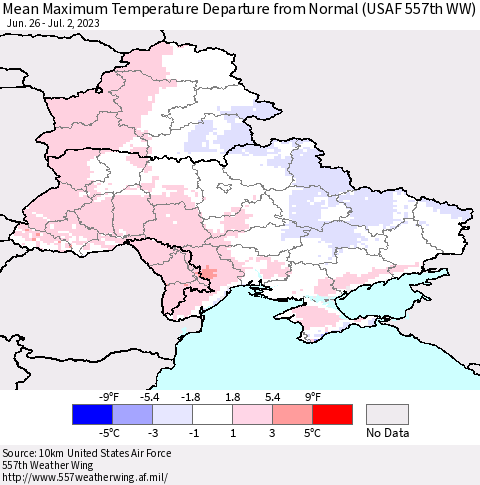 Ukraine, Moldova and Belarus Mean Maximum Temperature Departure from Normal (USAF 557th WW) Thematic Map For 6/26/2023 - 7/2/2023