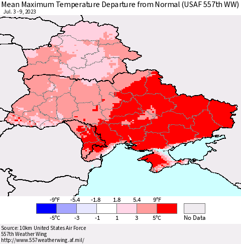 Ukraine, Moldova and Belarus Mean Maximum Temperature Departure from Normal (USAF 557th WW) Thematic Map For 7/3/2023 - 7/9/2023
