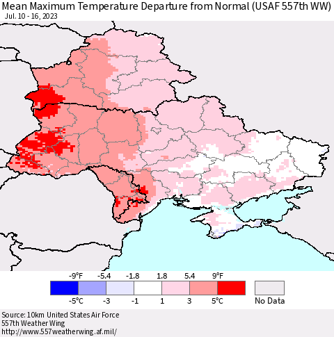 Ukraine, Moldova and Belarus Mean Maximum Temperature Departure from Normal (USAF 557th WW) Thematic Map For 7/10/2023 - 7/16/2023