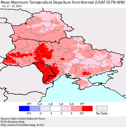 Ukraine, Moldova and Belarus Mean Maximum Temperature Departure from Normal (USAF 557th WW) Thematic Map For 7/17/2023 - 7/23/2023
