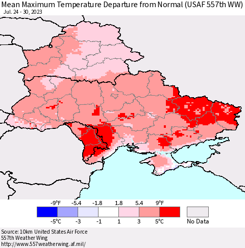 Ukraine, Moldova and Belarus Mean Maximum Temperature Departure from Normal (USAF 557th WW) Thematic Map For 7/24/2023 - 7/30/2023