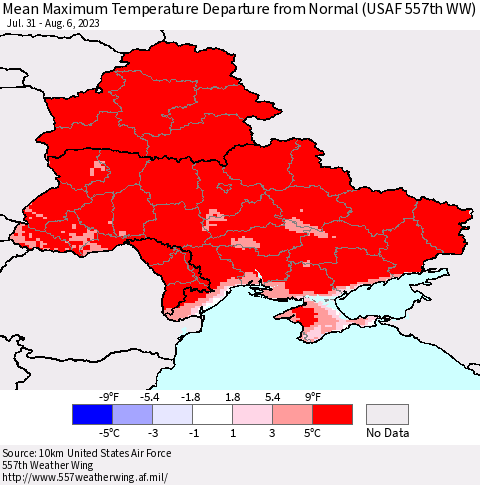Ukraine, Moldova and Belarus Mean Maximum Temperature Departure from Normal (USAF 557th WW) Thematic Map For 7/31/2023 - 8/6/2023