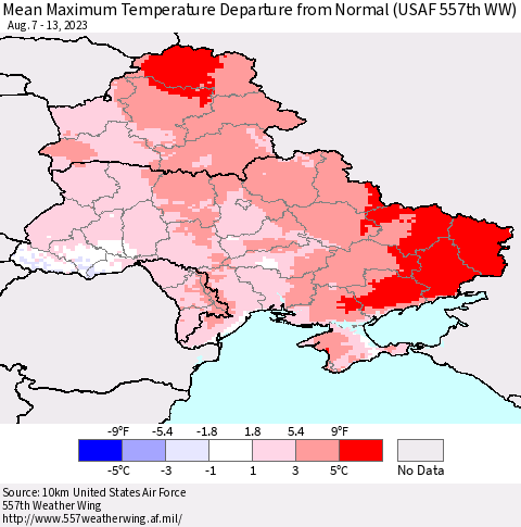Ukraine, Moldova and Belarus Mean Maximum Temperature Departure from Normal (USAF 557th WW) Thematic Map For 8/7/2023 - 8/13/2023
