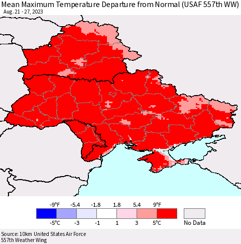 Ukraine, Moldova and Belarus Mean Maximum Temperature Departure from Normal (USAF 557th WW) Thematic Map For 8/21/2023 - 8/27/2023
