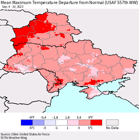 Ukraine, Moldova and Belarus Mean Maximum Temperature Departure from Normal (USAF 557th WW) Thematic Map For 9/4/2023 - 9/10/2023