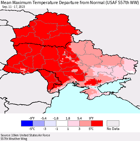 Ukraine, Moldova and Belarus Mean Maximum Temperature Departure from Normal (USAF 557th WW) Thematic Map For 9/11/2023 - 9/17/2023