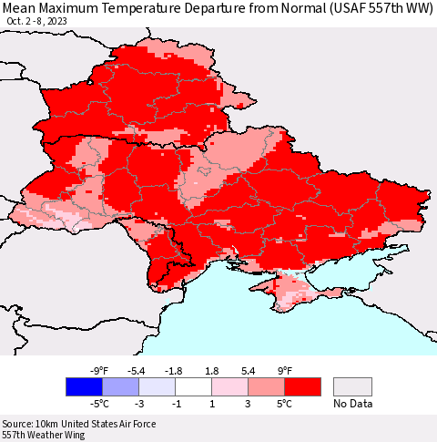 Ukraine, Moldova and Belarus Mean Maximum Temperature Departure from Normal (USAF 557th WW) Thematic Map For 10/2/2023 - 10/8/2023
