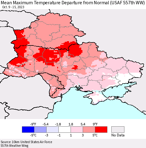 Ukraine, Moldova and Belarus Mean Maximum Temperature Departure from Normal (USAF 557th WW) Thematic Map For 10/9/2023 - 10/15/2023