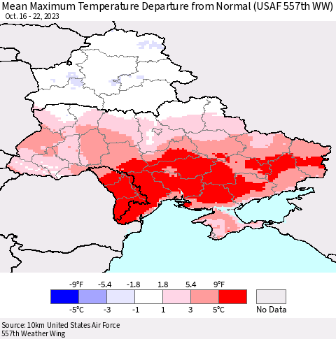 Ukraine, Moldova and Belarus Mean Maximum Temperature Departure from Normal (USAF 557th WW) Thematic Map For 10/16/2023 - 10/22/2023