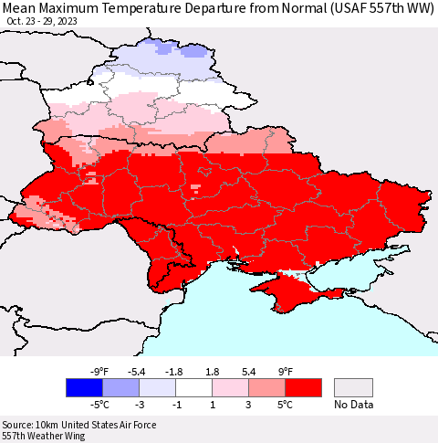 Ukraine, Moldova and Belarus Mean Maximum Temperature Departure from Normal (USAF 557th WW) Thematic Map For 10/23/2023 - 10/29/2023