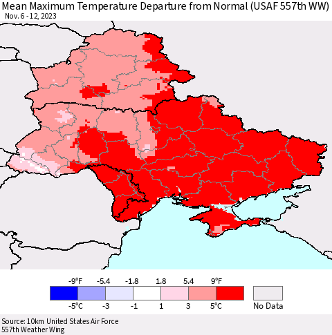 Ukraine, Moldova and Belarus Mean Maximum Temperature Departure from Normal (USAF 557th WW) Thematic Map For 11/6/2023 - 11/12/2023