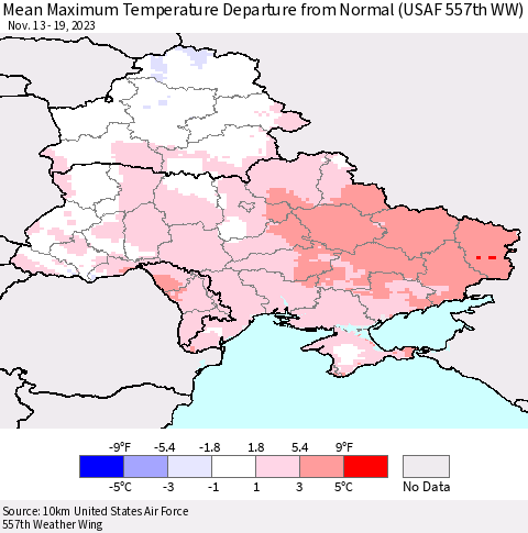 Ukraine, Moldova and Belarus Mean Maximum Temperature Departure from Normal (USAF 557th WW) Thematic Map For 11/13/2023 - 11/19/2023