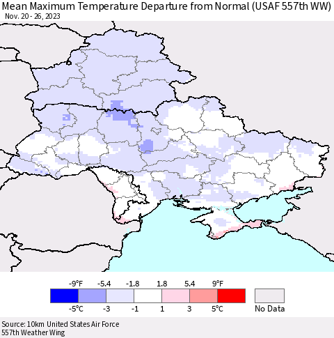 Ukraine, Moldova and Belarus Mean Maximum Temperature Departure from Normal (USAF 557th WW) Thematic Map For 11/20/2023 - 11/26/2023
