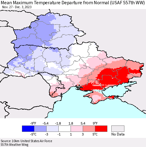 Ukraine, Moldova and Belarus Mean Maximum Temperature Departure from Normal (USAF 557th WW) Thematic Map For 11/27/2023 - 12/3/2023