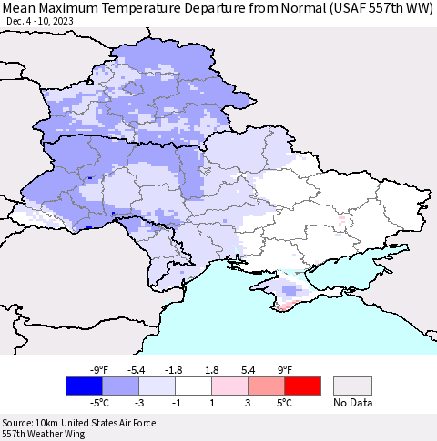 Ukraine, Moldova and Belarus Mean Maximum Temperature Departure from Normal (USAF 557th WW) Thematic Map For 12/4/2023 - 12/10/2023