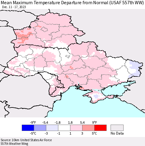 Ukraine, Moldova and Belarus Mean Maximum Temperature Departure from Normal (USAF 557th WW) Thematic Map For 12/11/2023 - 12/17/2023