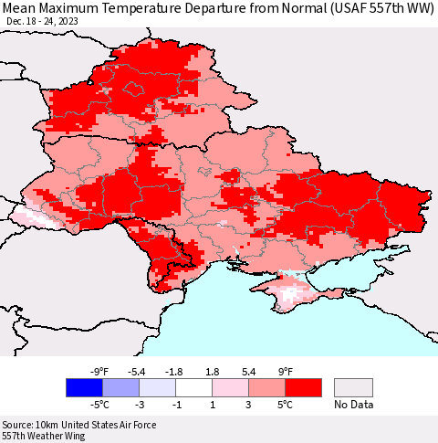 Ukraine, Moldova and Belarus Mean Maximum Temperature Departure from Normal (USAF 557th WW) Thematic Map For 12/18/2023 - 12/24/2023