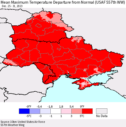 Ukraine, Moldova and Belarus Mean Maximum Temperature Departure from Normal (USAF 557th WW) Thematic Map For 12/25/2023 - 12/31/2023