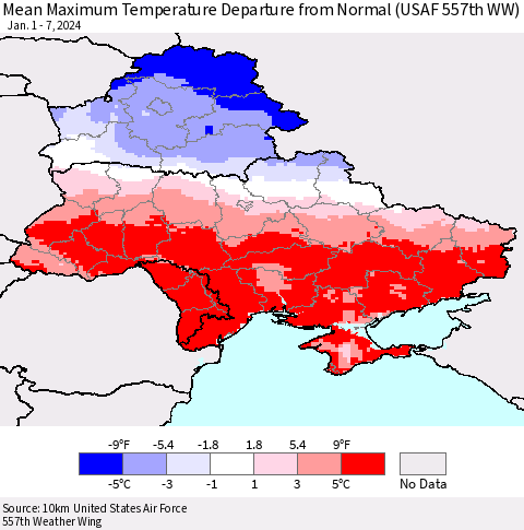 Ukraine, Moldova and Belarus Mean Maximum Temperature Departure from Normal (USAF 557th WW) Thematic Map For 1/1/2024 - 1/7/2024