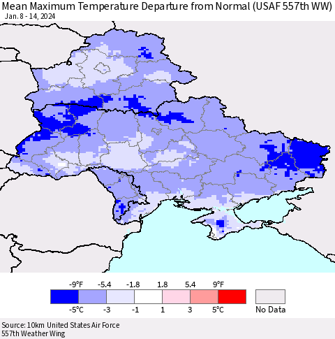 Ukraine, Moldova and Belarus Mean Maximum Temperature Departure from Normal (USAF 557th WW) Thematic Map For 1/8/2024 - 1/14/2024
