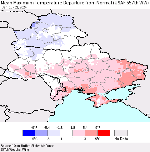 Ukraine, Moldova and Belarus Mean Maximum Temperature Departure from Normal (USAF 557th WW) Thematic Map For 1/15/2024 - 1/21/2024