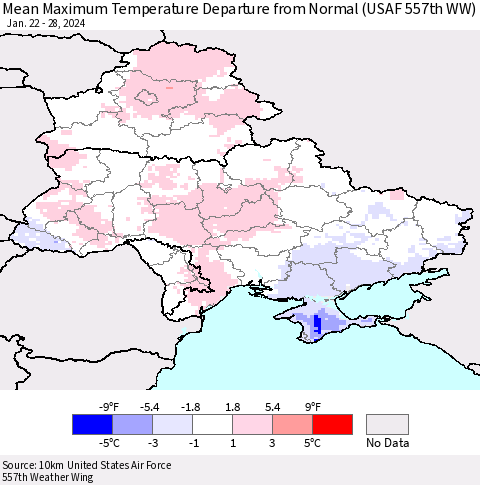 Ukraine, Moldova and Belarus Mean Maximum Temperature Departure from Normal (USAF 557th WW) Thematic Map For 1/22/2024 - 1/28/2024