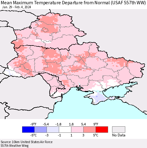 Ukraine, Moldova and Belarus Mean Maximum Temperature Departure from Normal (USAF 557th WW) Thematic Map For 1/29/2024 - 2/4/2024