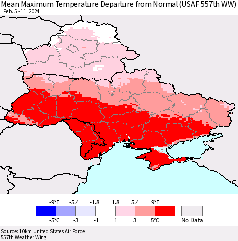 Ukraine, Moldova and Belarus Mean Maximum Temperature Departure from Normal (USAF 557th WW) Thematic Map For 2/5/2024 - 2/11/2024