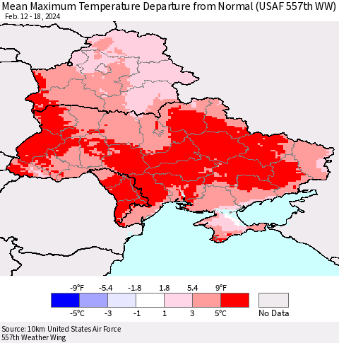Ukraine, Moldova and Belarus Mean Maximum Temperature Departure from Normal (USAF 557th WW) Thematic Map For 2/12/2024 - 2/18/2024