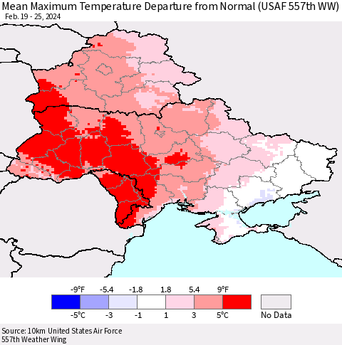 Ukraine, Moldova and Belarus Mean Maximum Temperature Departure from Normal (USAF 557th WW) Thematic Map For 2/19/2024 - 2/25/2024