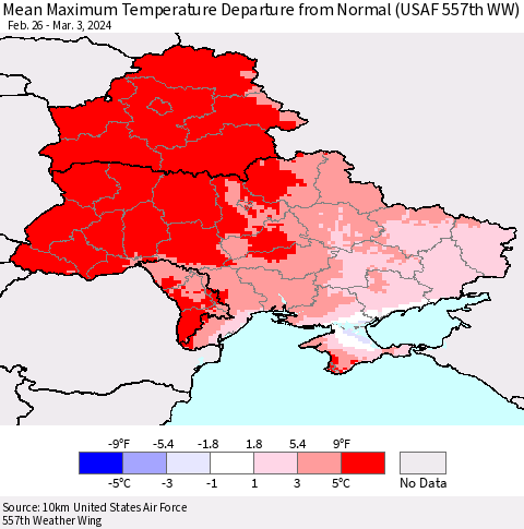 Ukraine, Moldova and Belarus Mean Maximum Temperature Departure from Normal (USAF 557th WW) Thematic Map For 2/26/2024 - 3/3/2024