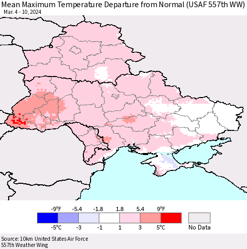 Ukraine, Moldova and Belarus Mean Maximum Temperature Departure from Normal (USAF 557th WW) Thematic Map For 3/4/2024 - 3/10/2024