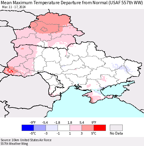Ukraine, Moldova and Belarus Mean Maximum Temperature Departure from Normal (USAF 557th WW) Thematic Map For 3/11/2024 - 3/17/2024