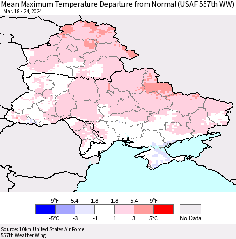 Ukraine, Moldova and Belarus Mean Maximum Temperature Departure from Normal (USAF 557th WW) Thematic Map For 3/18/2024 - 3/24/2024