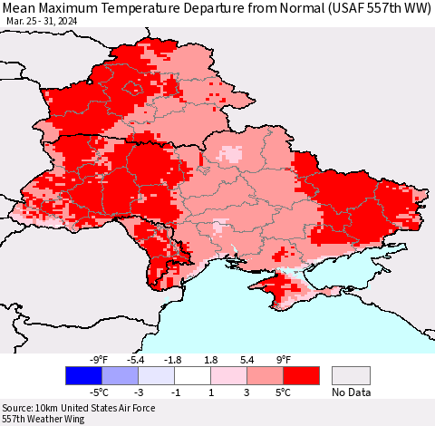 Ukraine, Moldova and Belarus Mean Maximum Temperature Departure from Normal (USAF 557th WW) Thematic Map For 3/25/2024 - 3/31/2024