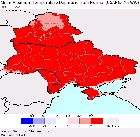 Ukraine, Moldova and Belarus Mean Maximum Temperature Departure from Normal (USAF 557th WW) Thematic Map For 4/1/2024 - 4/7/2024