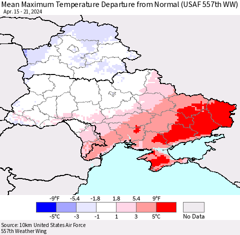 Ukraine, Moldova and Belarus Mean Maximum Temperature Departure from Normal (USAF 557th WW) Thematic Map For 4/15/2024 - 4/21/2024