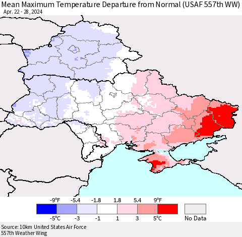 Ukraine, Moldova and Belarus Mean Maximum Temperature Departure from Normal (USAF 557th WW) Thematic Map For 4/22/2024 - 4/28/2024