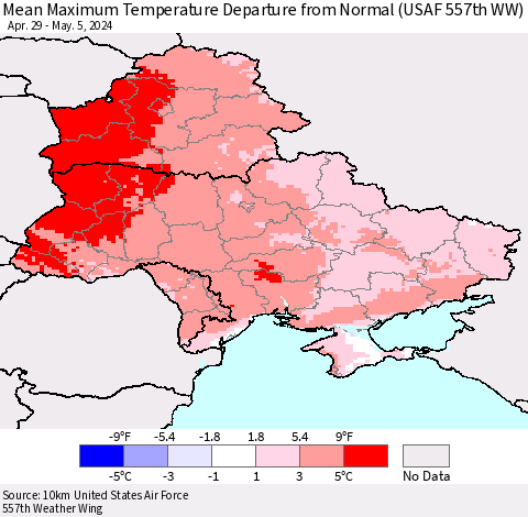 Ukraine, Moldova and Belarus Mean Maximum Temperature Departure from Normal (USAF 557th WW) Thematic Map For 4/29/2024 - 5/5/2024