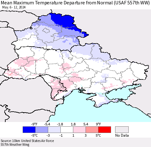 Ukraine, Moldova and Belarus Mean Maximum Temperature Departure from Normal (USAF 557th WW) Thematic Map For 5/6/2024 - 5/12/2024