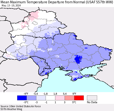 Ukraine, Moldova and Belarus Mean Maximum Temperature Departure from Normal (USAF 557th WW) Thematic Map For 5/13/2024 - 5/19/2024