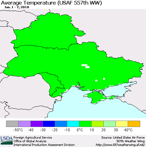 Ukraine, Moldova and Belarus Average Temperature (USAF 557th WW) Thematic Map For 1/1/2018 - 1/7/2018