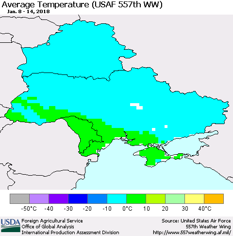 Ukraine, Moldova and Belarus Average Temperature (USAF 557th WW) Thematic Map For 1/8/2018 - 1/14/2018