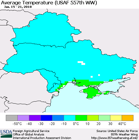 Ukraine, Moldova and Belarus Average Temperature (USAF 557th WW) Thematic Map For 1/15/2018 - 1/21/2018