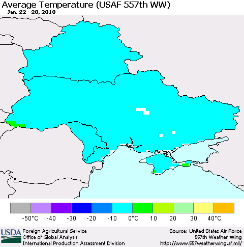 Ukraine, Moldova and Belarus Average Temperature (USAF 557th WW) Thematic Map For 1/22/2018 - 1/28/2018